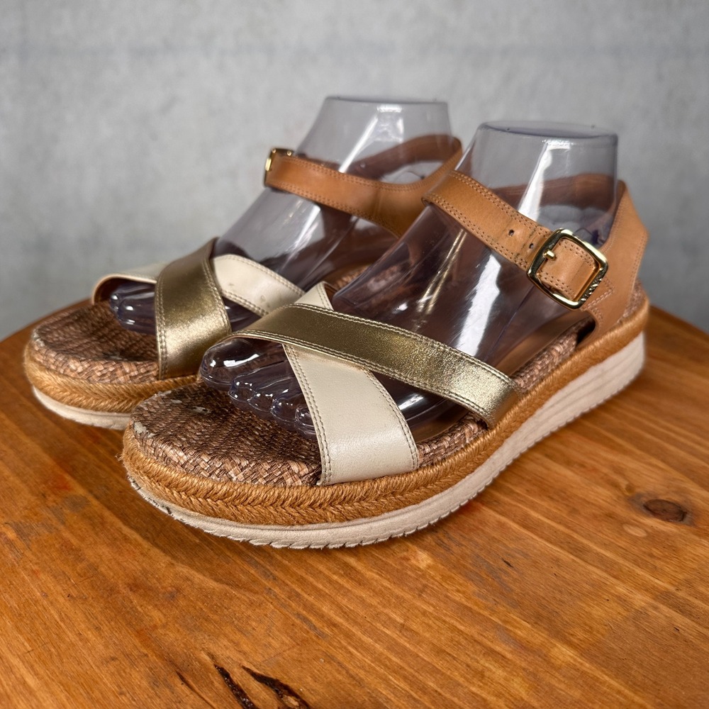 Vionic Platform Sandals Women 9 Tan Gold Cream Good Espadrille Flatform Strap